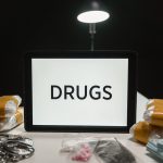 Drogas, dinheiro e algemas dispostos sobre uma mesa sob iluminação intensa.