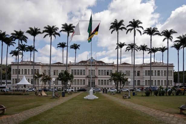 Edifício municipal cercado por palmeiras sob céu nublado.