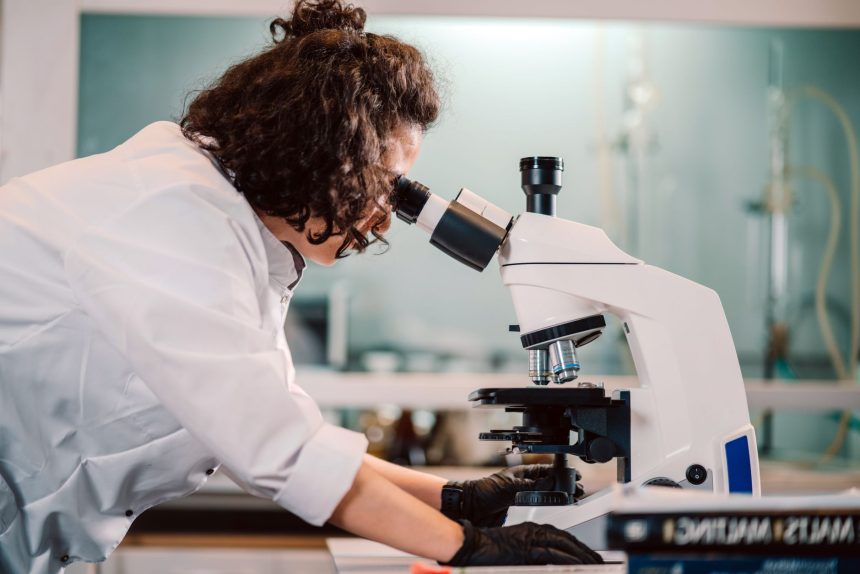 Pesquisadora observa uma amostra ao microscópio em um laboratório.
